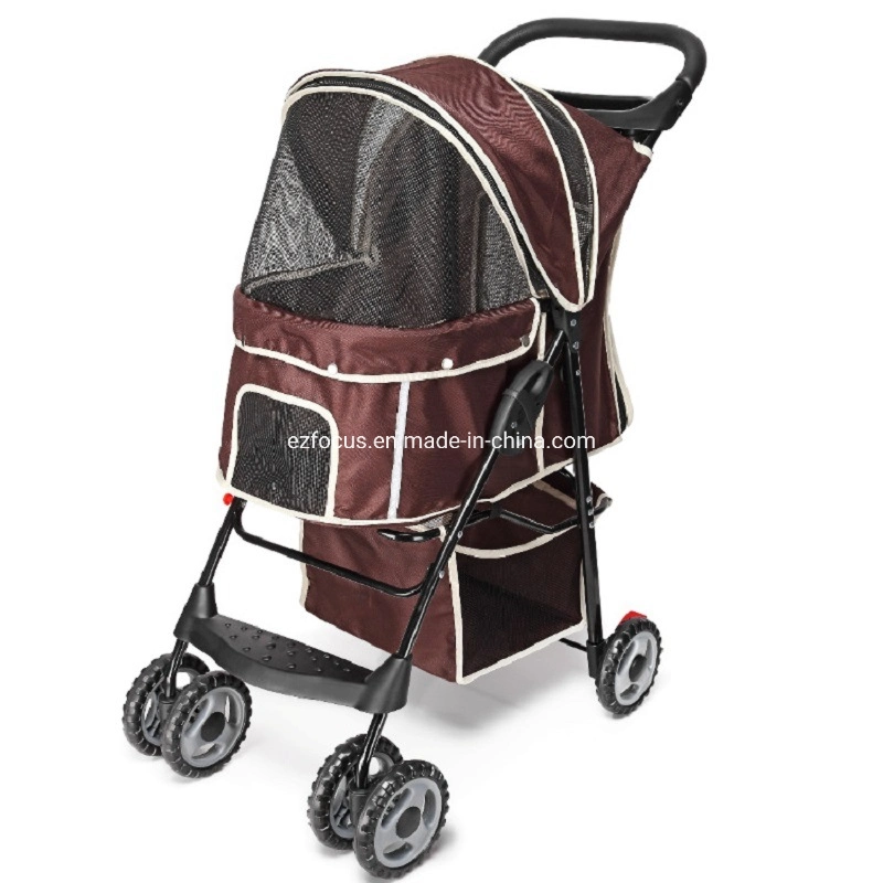 Brown Pet Dog Stroller Trolley, Foldable Travel Carriage with Wheels Zipper Entry Cup Holder Storage Basket Wbb16679