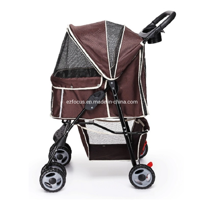 Brown Pet Dog Stroller Trolley, Foldable Travel Carriage with Wheels Zipper Entry Cup Holder Storage Basket Wbb16679